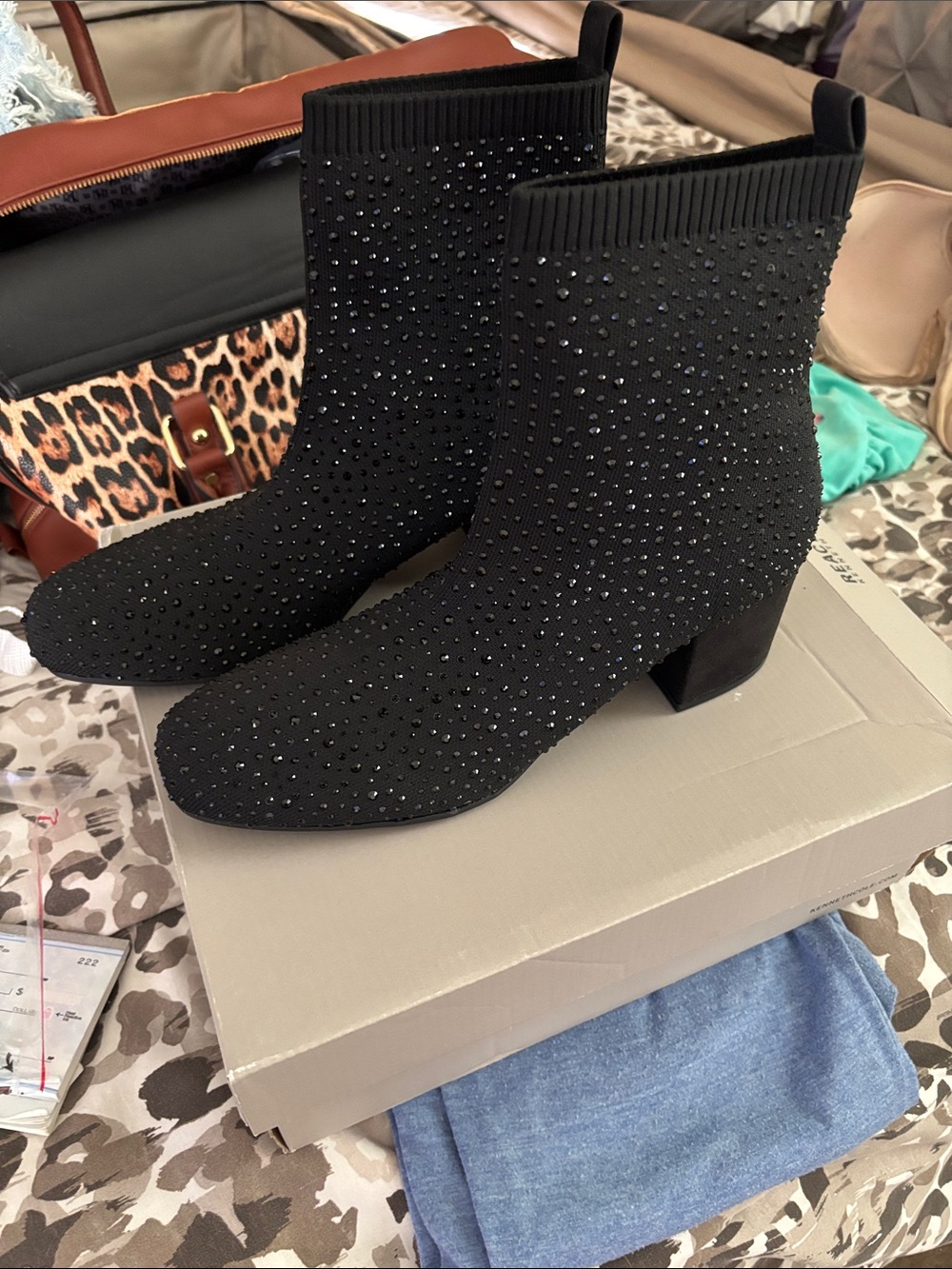 Kenneth Cole Reaction Black Crystal-Embellished Knit Ankle Boots